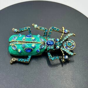 Teal Enamel Rhinestone Scarab Beetle Nefertiti Tut Egyptian Large Brooch